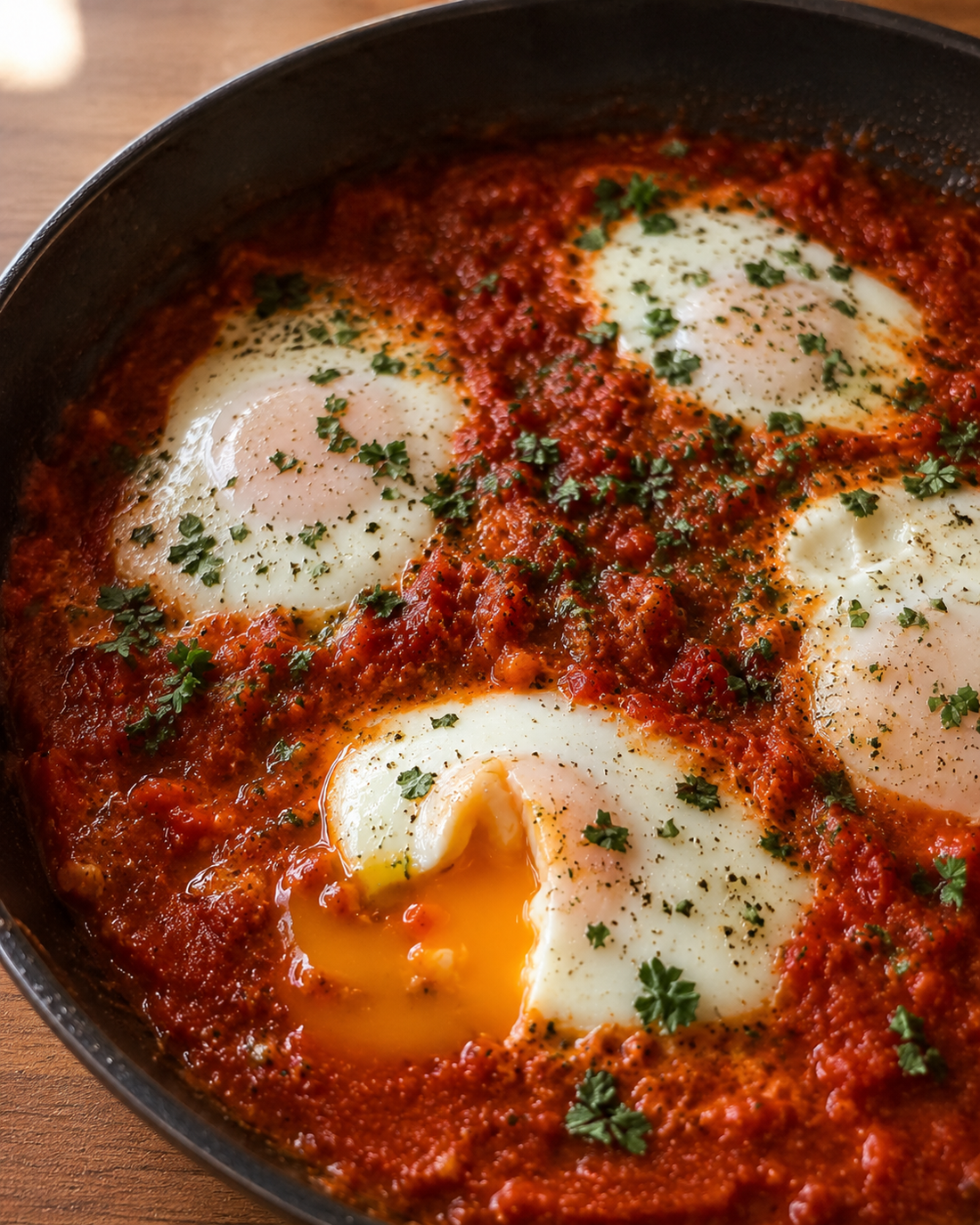 Shakshuka with runny yolk eggs