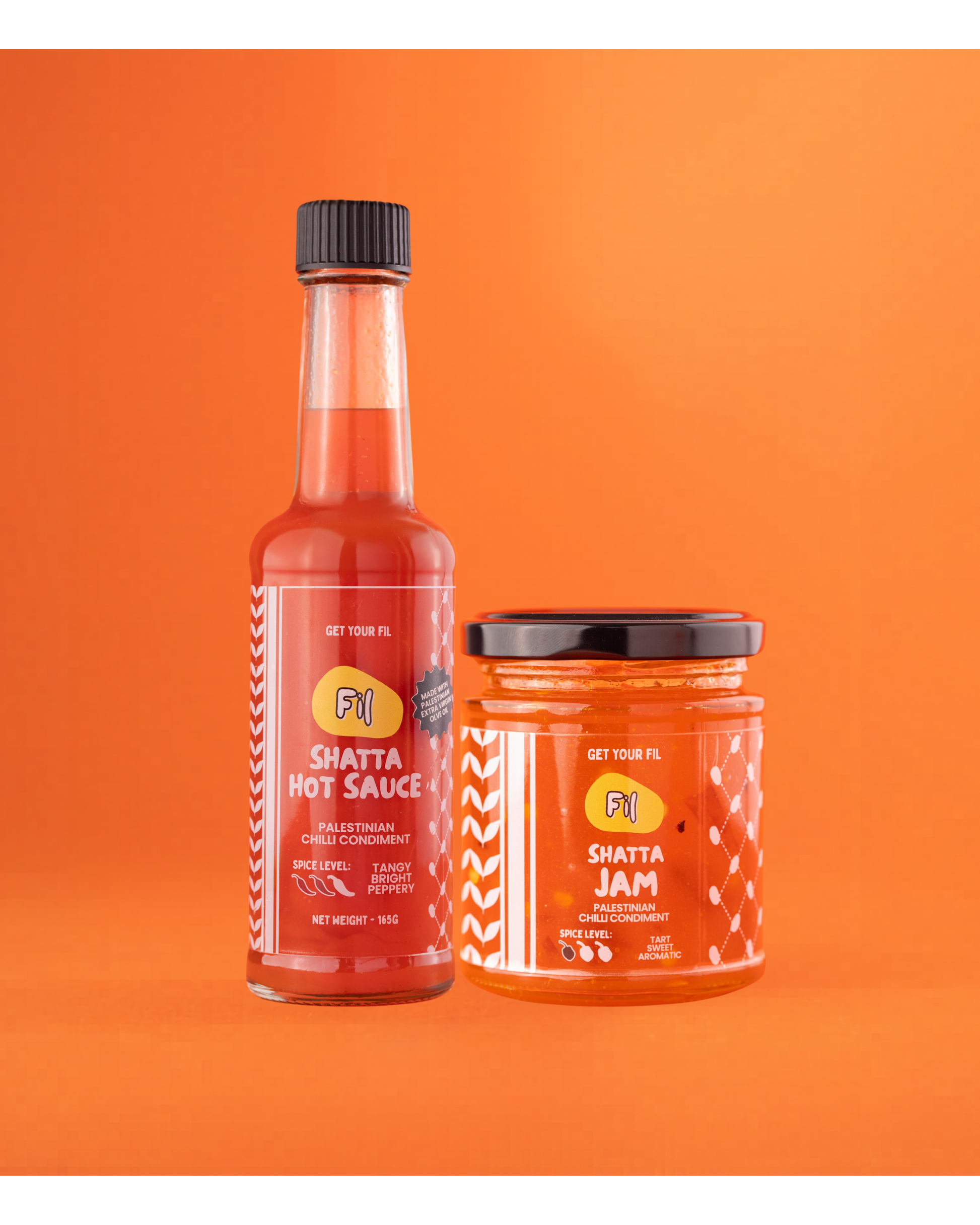 Shatta Hot Sauce and Shatta Jam bottles on an orange background
